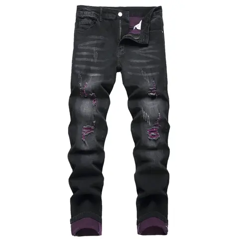 Men's Black Fashion Ripped Jeans, Classic Purple Ripped Slim Fit Jeans 517