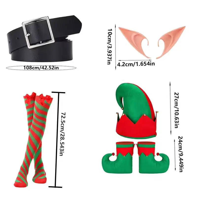 Snowman Christmas Costume Set, including snowman hat, elf ears, belt, striped stockings, and Christmas boots
Snowman Christmas Costume Set, including snowman hat, elf ears, belt, striped stockings, and Christmas boots