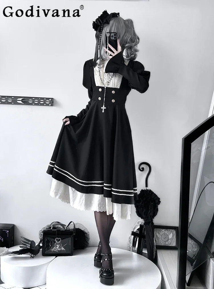 Original Halloween Gothic Black Dress Women's High Waist Slim Bow Flare Sleeve Lace Splicing Mid-Length Dress Spring and Autumn
Original Halloween Gothic Black Dress Women's High Waist Slim Bow Flare Sleeve Lace Splicing Mid-Length Dress Spring and Autumn