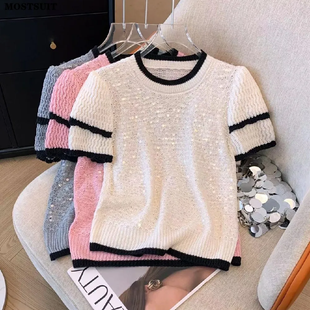 Женский вязаный свитер с блестками, модный элегантный пуловер в Корейском стиле, джемперы с пышными рукавами, лето 2024
Женский вязаный свитер с блестками, модный элегантный пуловер в Корейском стиле, джемперы с пышными рукавами, лето 2024
