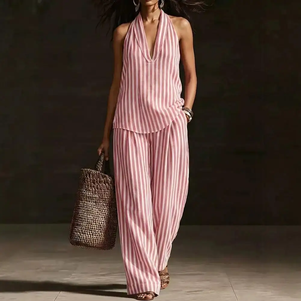 Women's Summer Striped Two Piece Set Sleeveless Halter Neck Top And Long Pants Matching Sets Casual Travel Vacation Outfits
Women's Summer Striped Two Piece Set Sleeveless Halter Neck Top And Long Pants Matching Sets Casual Travel Vacation Outfits