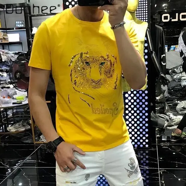 Summer New American Streetwear Men Tiger Head Letter Rhinestone Black White Yellow Slim Casual Round Neck Short Sleeve T-shirt
Summer New American Streetwear Men Tiger Head Letter Rhinestone Black White Yellow Slim Casual Round Neck Short Sleeve T-shirt
