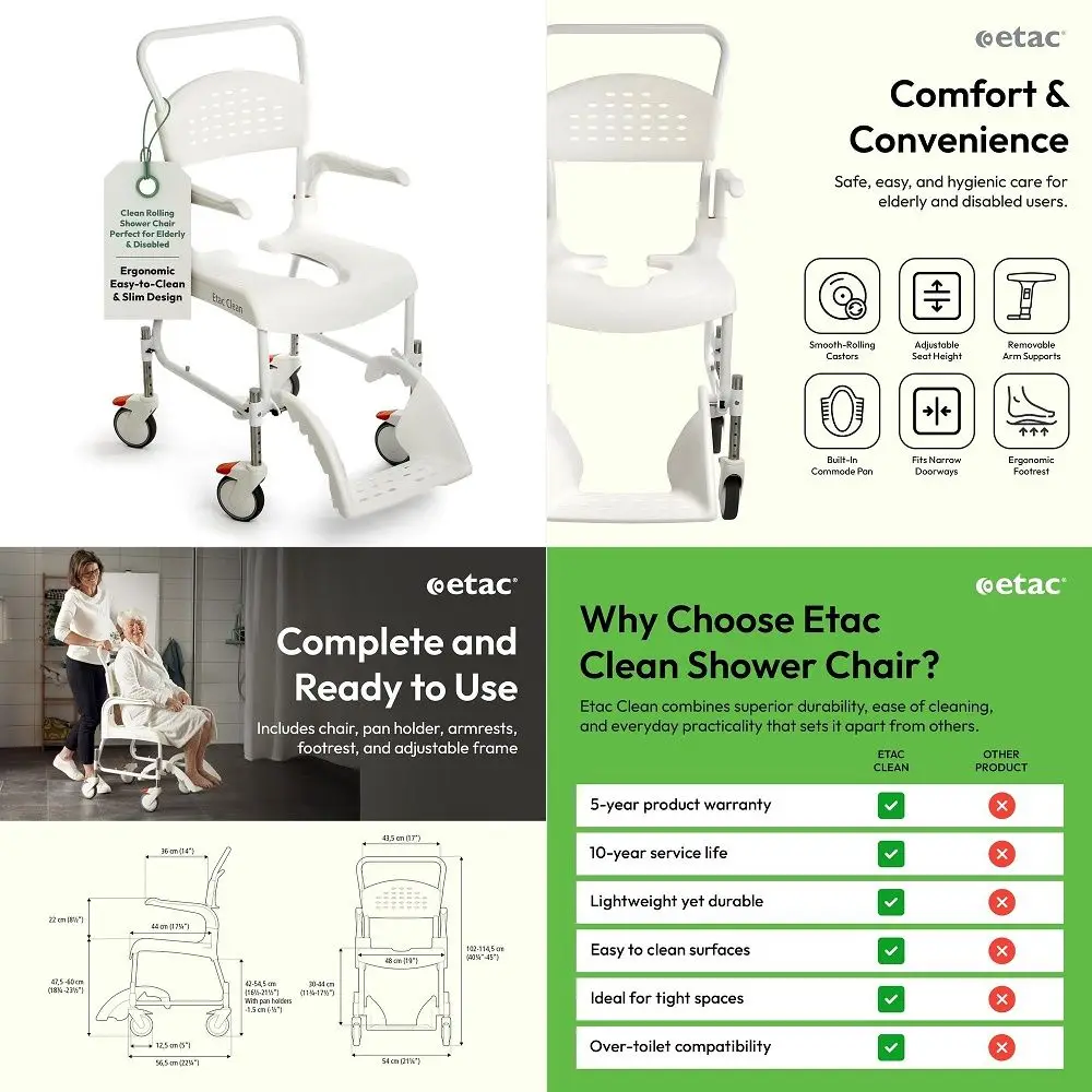 Clean Rolling Shower Chair for Elderly and Disabled Commode Chair Adjustable Height, Ergonomic, Removable Armrests, Footrest am
Clean Rolling Shower Chair for Elderly and Disabled Commode Chair Adjustable Height, Ergonomic, Removable Armrests, Footrest am