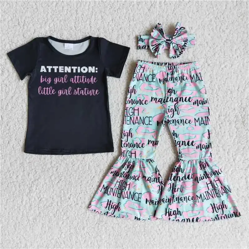 Wholesale price Simple style children's clothing RTS with letter black cotton short sleeve top headband cyan bell bottoms
Wholesale price Simple style children's clothing RTS with letter black cotton short sleeve top headband cyan bell bottoms