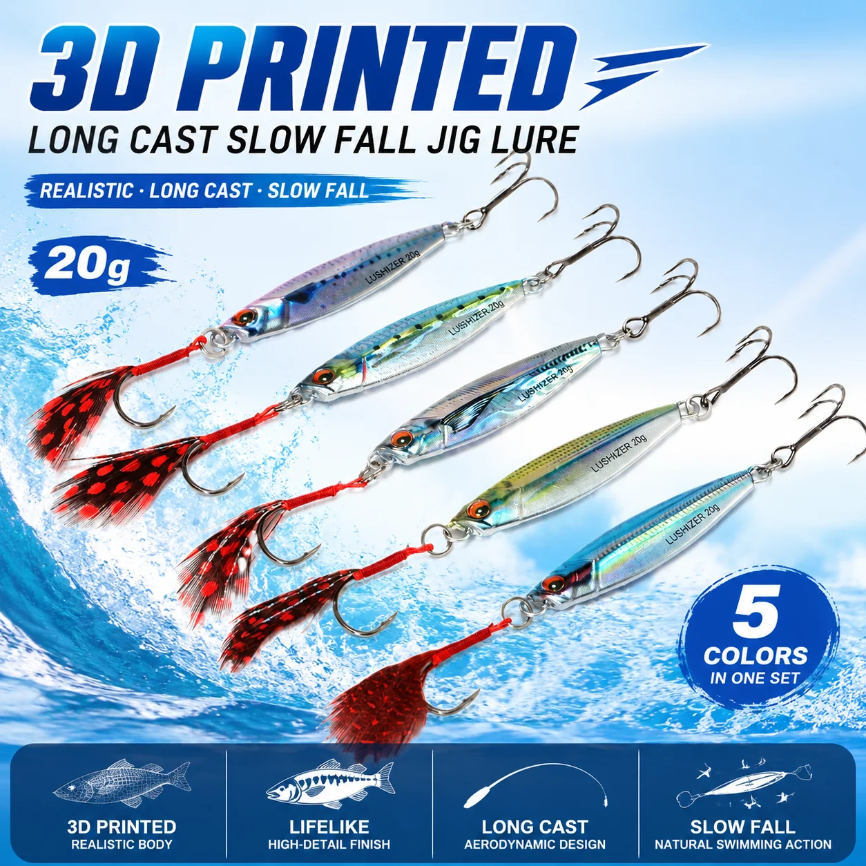 3D Printed Metal Jig Lure High Carbon Steel Double Hook Fishing Bait for Sea Shore Fishing Catch Culter Bass Spanish Mackerel
3D Printed Metal Jig Lure High Carbon Steel Double Hook Fishing Bait for Sea Shore Fishing Catch Culter Bass Spanish Mackerel