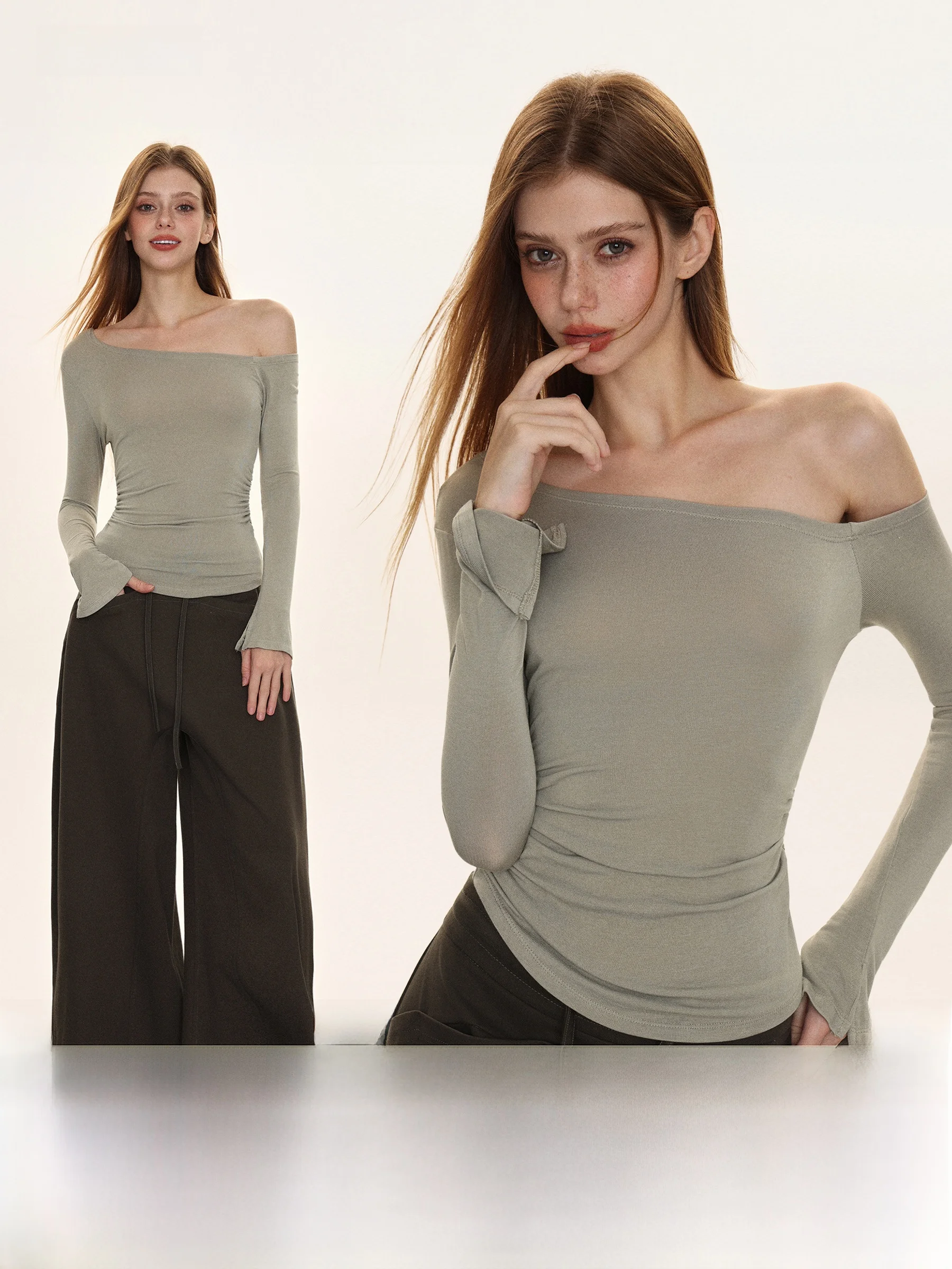 Slim Fit American Sle Pure Desire Women's T-irt oulder Baring Waist Cinched Autumn Faion Folded Pure Color Design Top
Slim Fit American Sle Pure Desire Women's T-irt oulder Baring Waist Cinched Autumn Faion Folded Pure Color Design Top