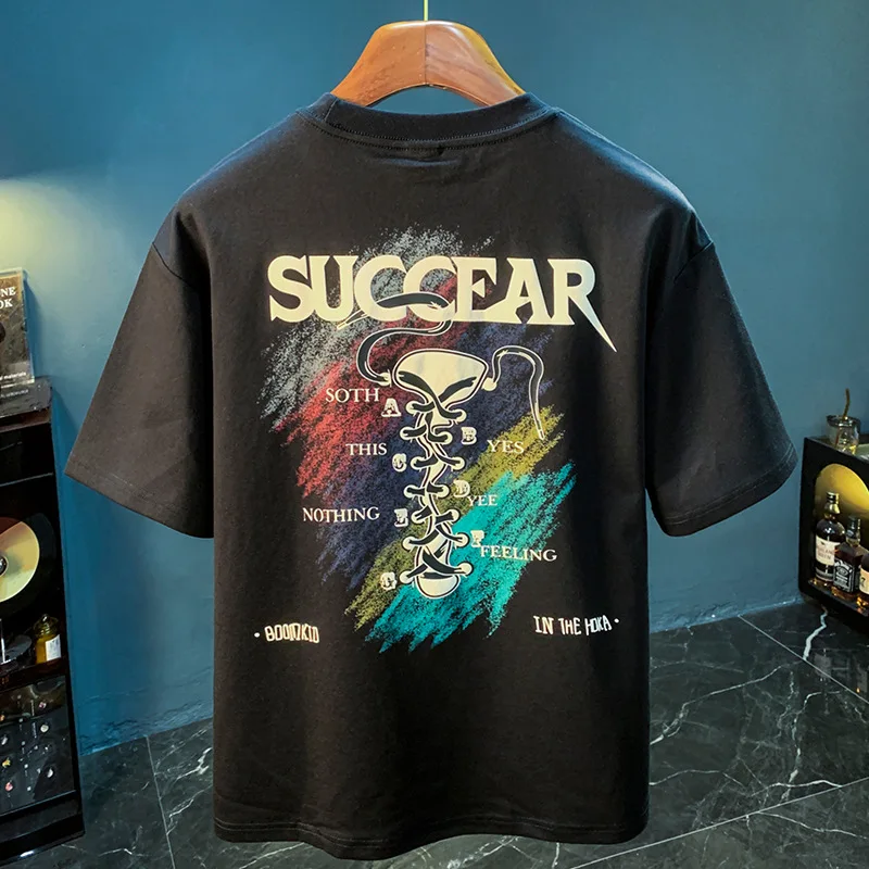 Printed short sleeved T-shirt for men in summer plus size, loose and trendy, ins breathable and elastic round neck clothes
Printed short sleeved T-shirt for men in summer plus size, loose and trendy, ins breathable and elastic round neck clothes
