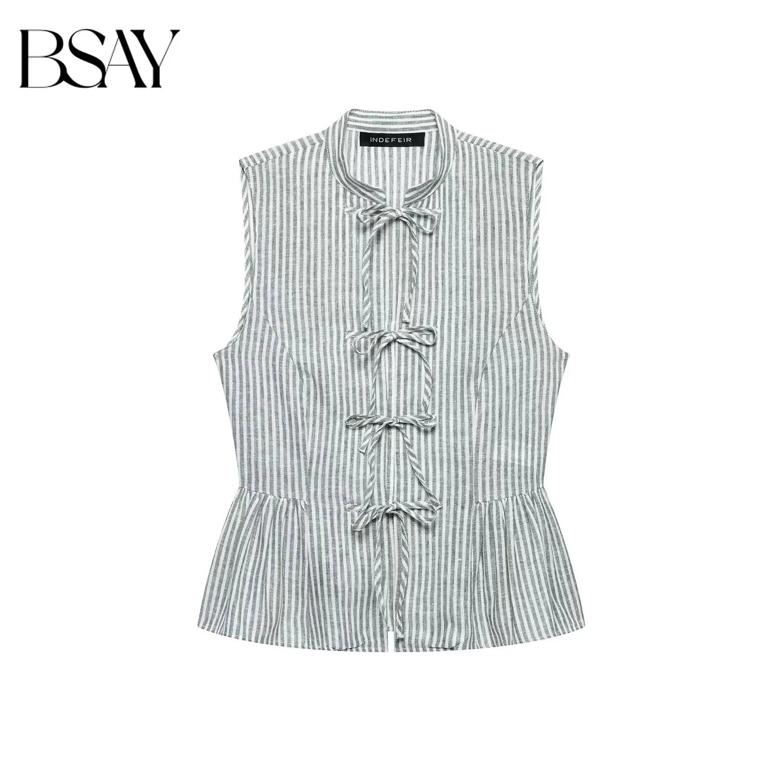 BSAY Summer New Women Vertical Striped Sleeveless Tie Front Blouse Mandarin Collar Ruffle Hem Peplum Waist Casual Vest Top
BSAY Summer New Women Vertical Striped Sleeveless Tie Front Blouse Mandarin Collar Ruffle Hem Peplum Waist Casual Vest Top