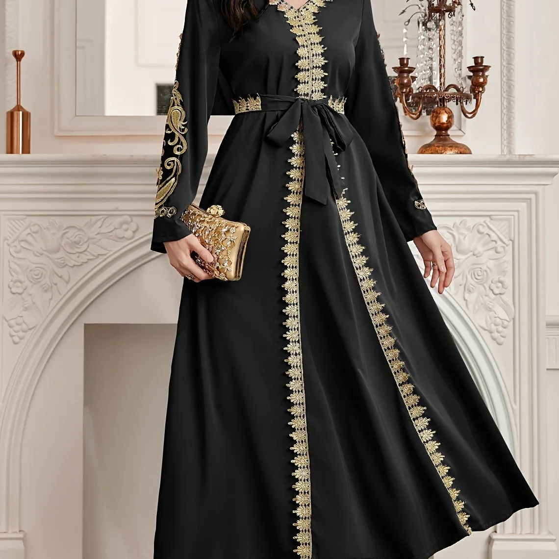 Muslim Dress For Ramadan Gurban Gold Lace Front Embroidery Black V-neck Abaya Caftan Kaftan For Women Belt Turkey Dress Clothing
Muslim Dress For Ramadan Gurban Gold Lace Front Embroidery Black V-neck Abaya Caftan Kaftan For Women Belt Turkey Dress Clothing