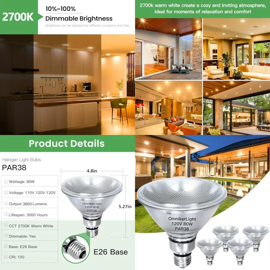 PAR38 Flood Light Bulbs, 80W 120V Halogen Bulb Dimmable, E26 Base PAR38 Bulb 2700K Warm White for Indoor and Outdoor, High Brig
PAR38 Flood Light Bulbs, 80W 120V Halogen Bulb Dimmable, E26 Base PAR38 Bulb 2700K Warm White for Indoor and Outdoor, High Brig
