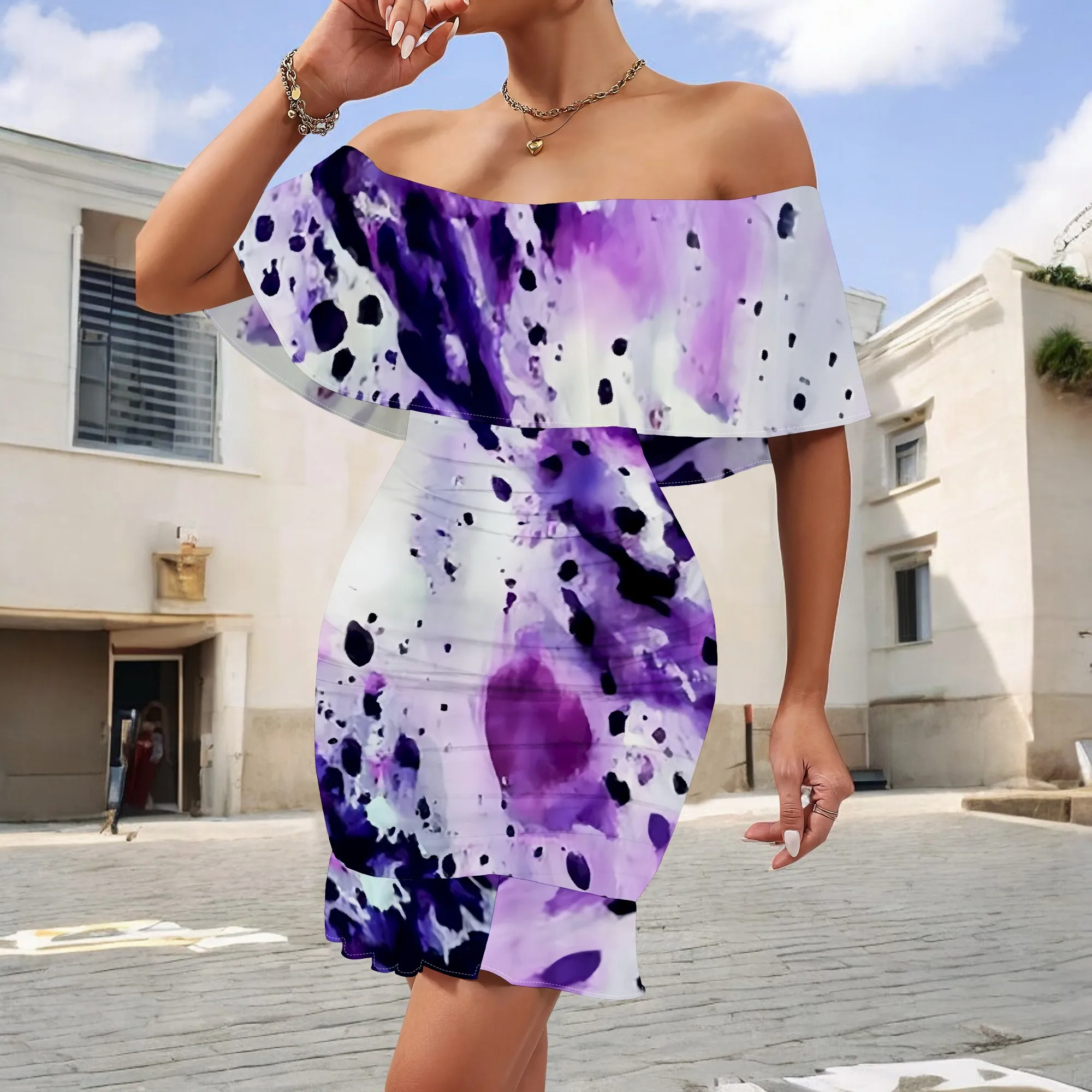 Women's Off Shoulder Mini Dress S-3XL Purple Paint Splatter Bodycon Ruffle Club Party Summer Short Dress
Women's Off Shoulder Mini Dress S-3XL Purple Paint Splatter Bodycon Ruffle Club Party Summer Short Dress
