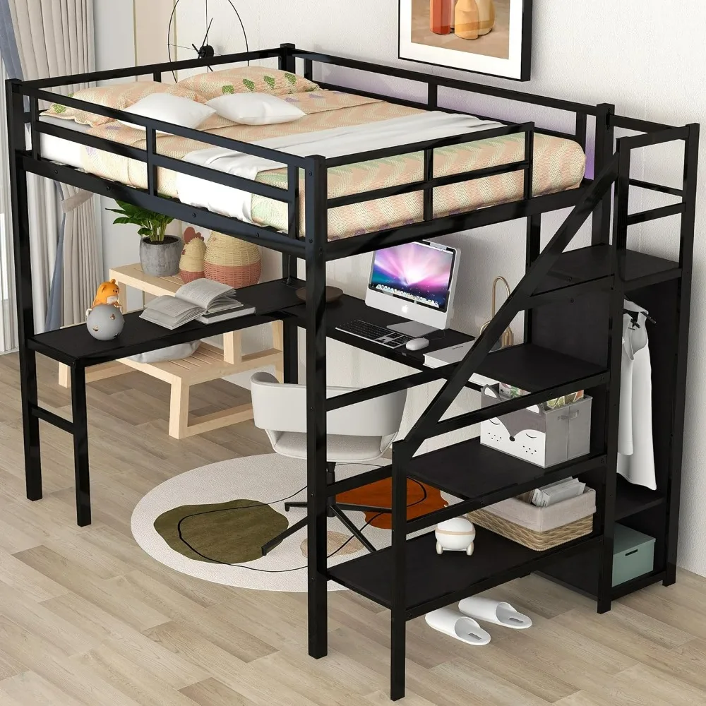 Loft Bed with Desk, Storage Stairs and Wardrobe, Full Loft Bed with Charging Station(USB Port, Outlets) and RGB LED Light
Loft Bed with Desk, Storage Stairs and Wardrobe, Full Loft Bed with Charging Station(USB Port, Outlets) and RGB LED Light