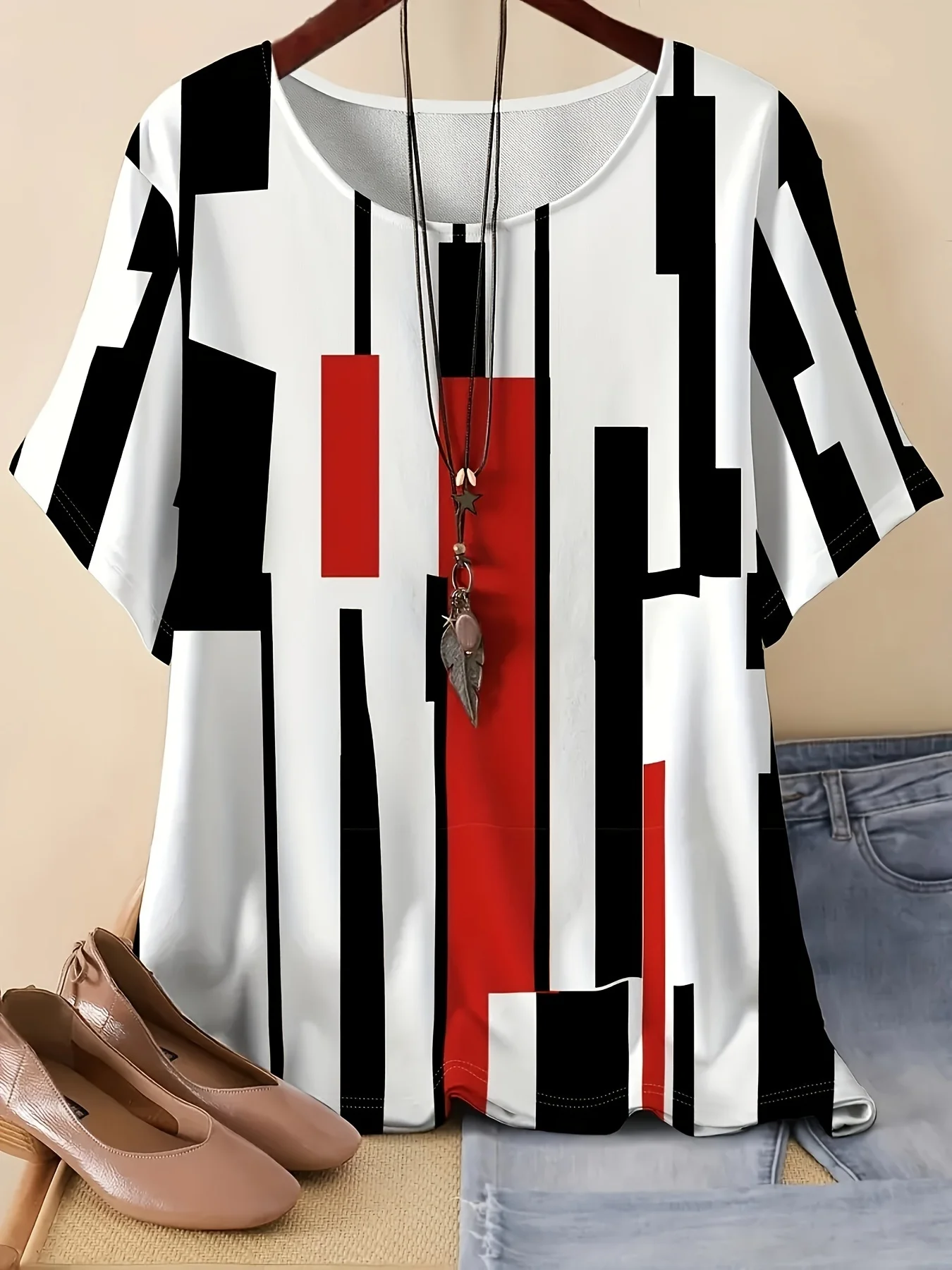 Цветные блоки с геометрическим принтом больших размеров, повседневная футболка с коротким рукавом и круглым вырезом, весна и лето, одежда больших размеров
Цветные блоки с геометрическим принтом больших размеров, повседневная футболка с коротким рукавом и круглым вырезом, весна и лето, одежда больших размеров