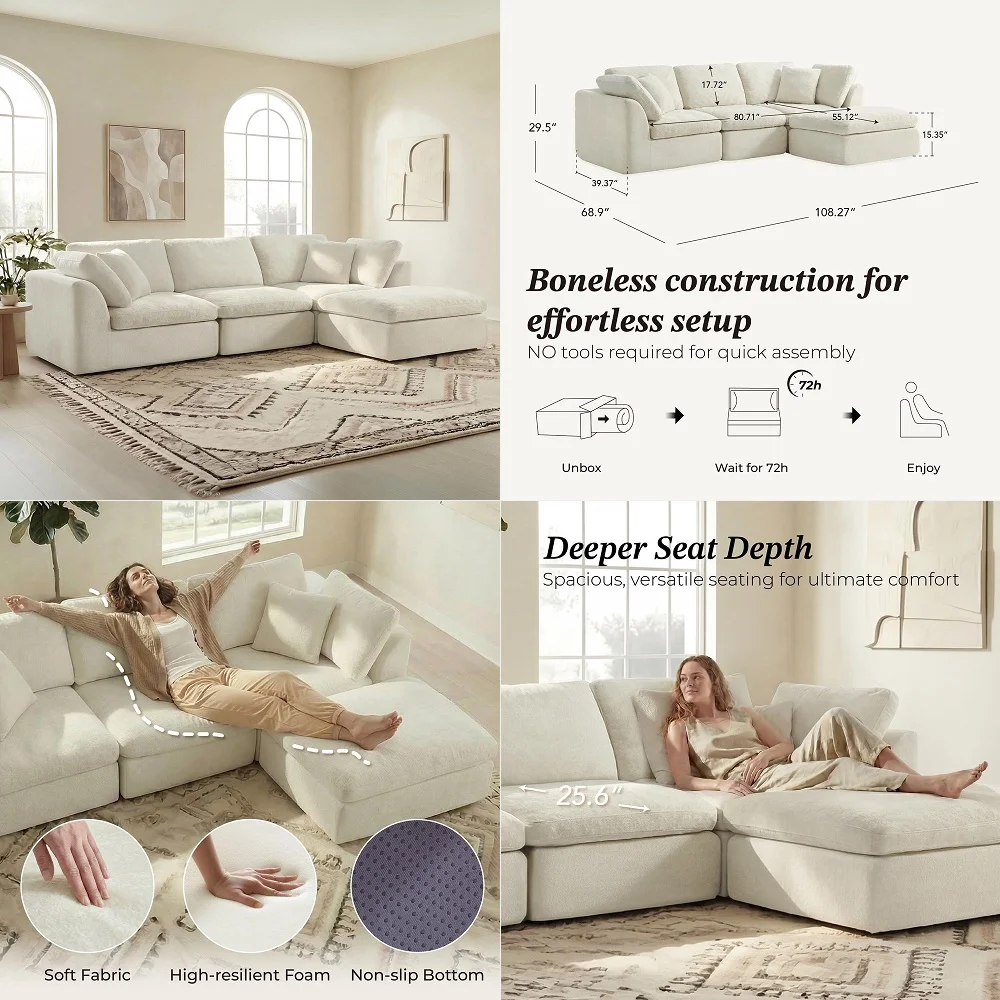108 Cloud Sectional Couches for Living Room, Boneless LShape Sofa with Ottoman, 3 Seater Modular Sectional Sofa, Cream
108 Cloud Sectional Couches for Living Room, Boneless LShape Sofa with Ottoman, 3 Seater Modular Sectional Sofa, Cream