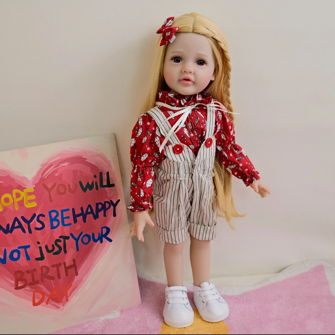 18" Reborn Baby Girl Doll Betty - Red Top & Striped Overalls, Handmade Collectible with Realistic Face & Lifelike Eyes
18" Reborn Baby Girl Doll Betty - Red Top & Striped Overalls, Handmade Collectible with Realistic Face & Lifelike Eyes