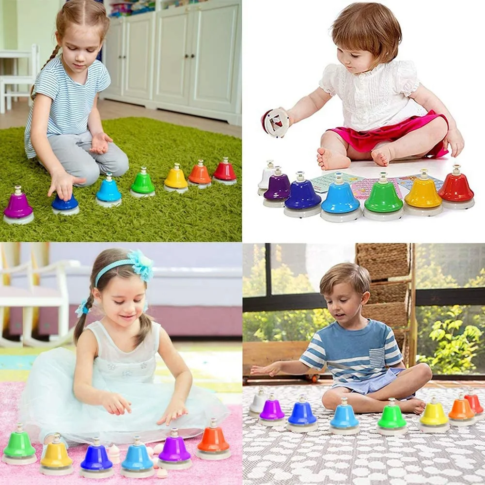 Y732A HOT Desk Bells, 8 Notes Diatonic Metal Hand Bells, Rainbow Music Bells, Musical Learning Teaching Percussion Instrument