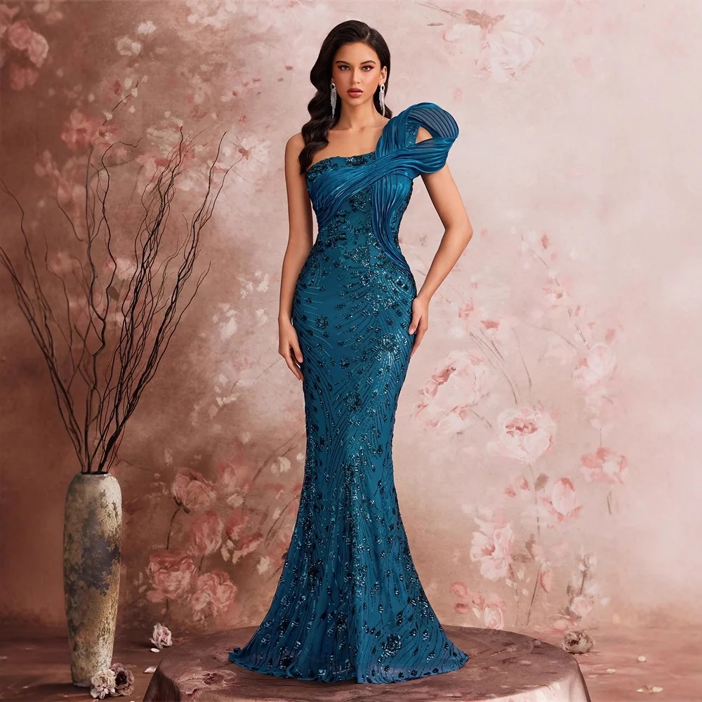 One Shoulder Structured Pleated Strap Radiant Floral Sequined Mesh Mermaid Gown Teal High Waist Floor Length Prom Dress
One Shoulder Structured Pleated Strap Radiant Floral Sequined Mesh Mermaid Gown Teal High Waist Floor Length Prom Dress