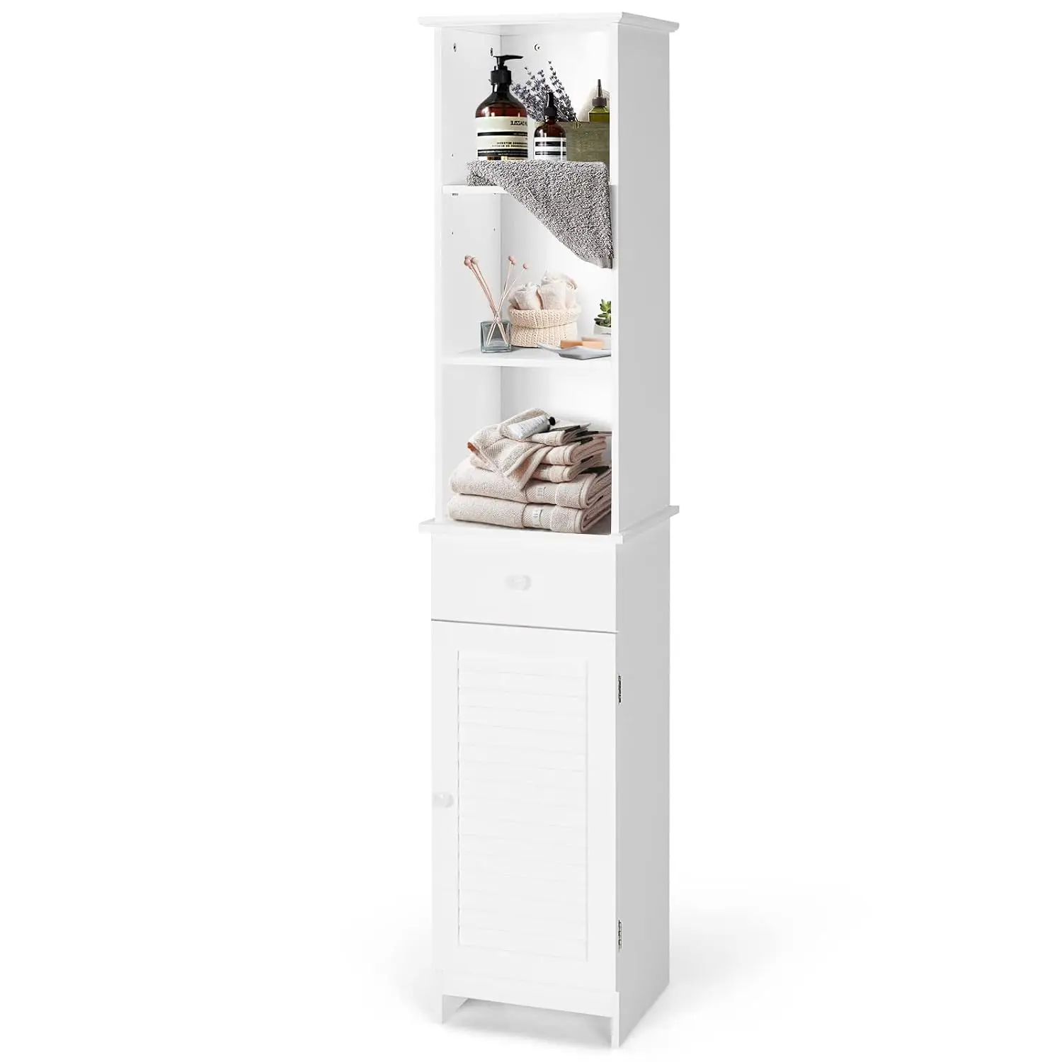 Bathroom Tall Cabinet, Modern Storage Cabinet with 2 Adjustable Shelves, Bathroom Linen Tower with 3 Open Shelves, Customized
Bathroom Tall Cabinet, Modern Storage Cabinet with 2 Adjustable Shelves, Bathroom Linen Tower with 3 Open Shelves, Customized