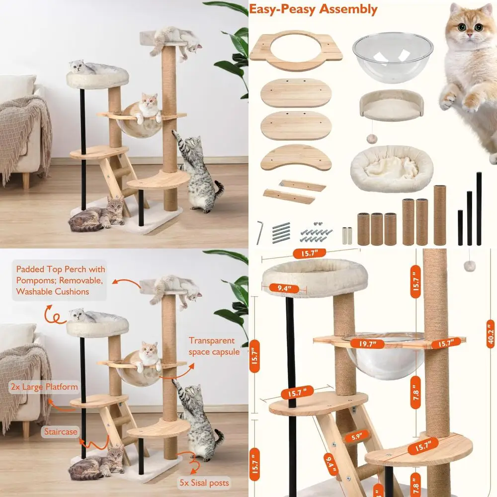 Natural 40 High Solid Wood Cat Tower with Scratching Posts, Plush Perches, and Removable Pads for Indoor Play
Natural 40 High Solid Wood Cat Tower with Scratching Posts, Plush Perches, and Removable Pads for Indoor Play