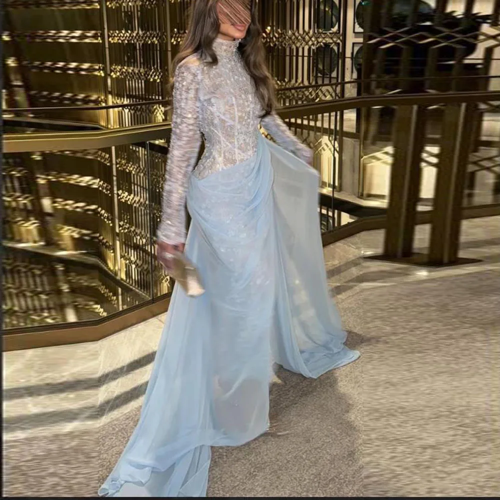 Вечернее платье с драпировкой и верхней юбкой по индивидуальному заказу, с высоким воротом и длинными рукавами, свадебные платья русалки для гостей с открытой спиной, кружевные платья de novia 
Вечернее платье с драпировкой и верхней юбкой по индивидуальному заказу, с высоким воротом и длинными рукавами, свадебные платья русалки для гостей с открытой спиной, кружевные платья de novia