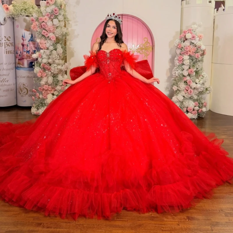 Red Shiny Quinceanera Dresses Ball Gown Off The Shoulder Beading Crystal Bow Tiered Tull Party Birthday Sweet 16 Dress Vestidos
Red Shiny Quinceanera Dresses Ball Gown Off The Shoulder Beading Crystal Bow Tiered Tull Party Birthday Sweet 16 Dress Vestidos