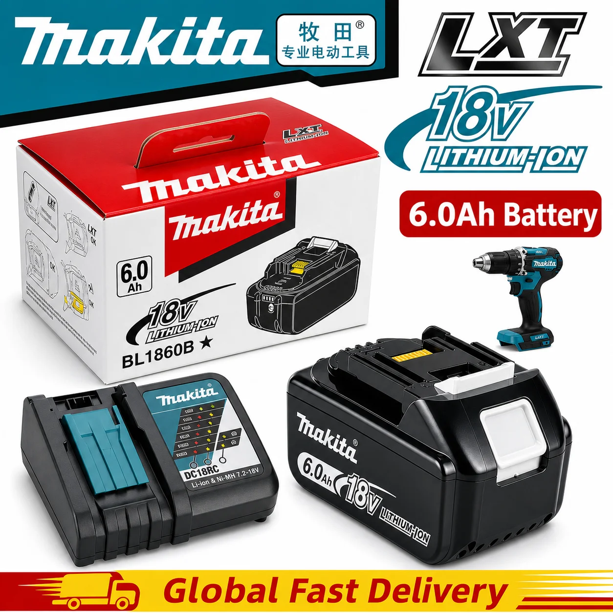 Premium Grade Cells Makita Battery, 18V 6.0Ah 100% New Original Rechargeable LXT Power Tool Battery BL1830 BL1840 BL1850 BL1860B
Premium Grade Cells Makita Battery, 18V 6.0Ah 100% New Original Rechargeable LXT Power Tool Battery BL1830 BL1840 BL1850 BL1860B
