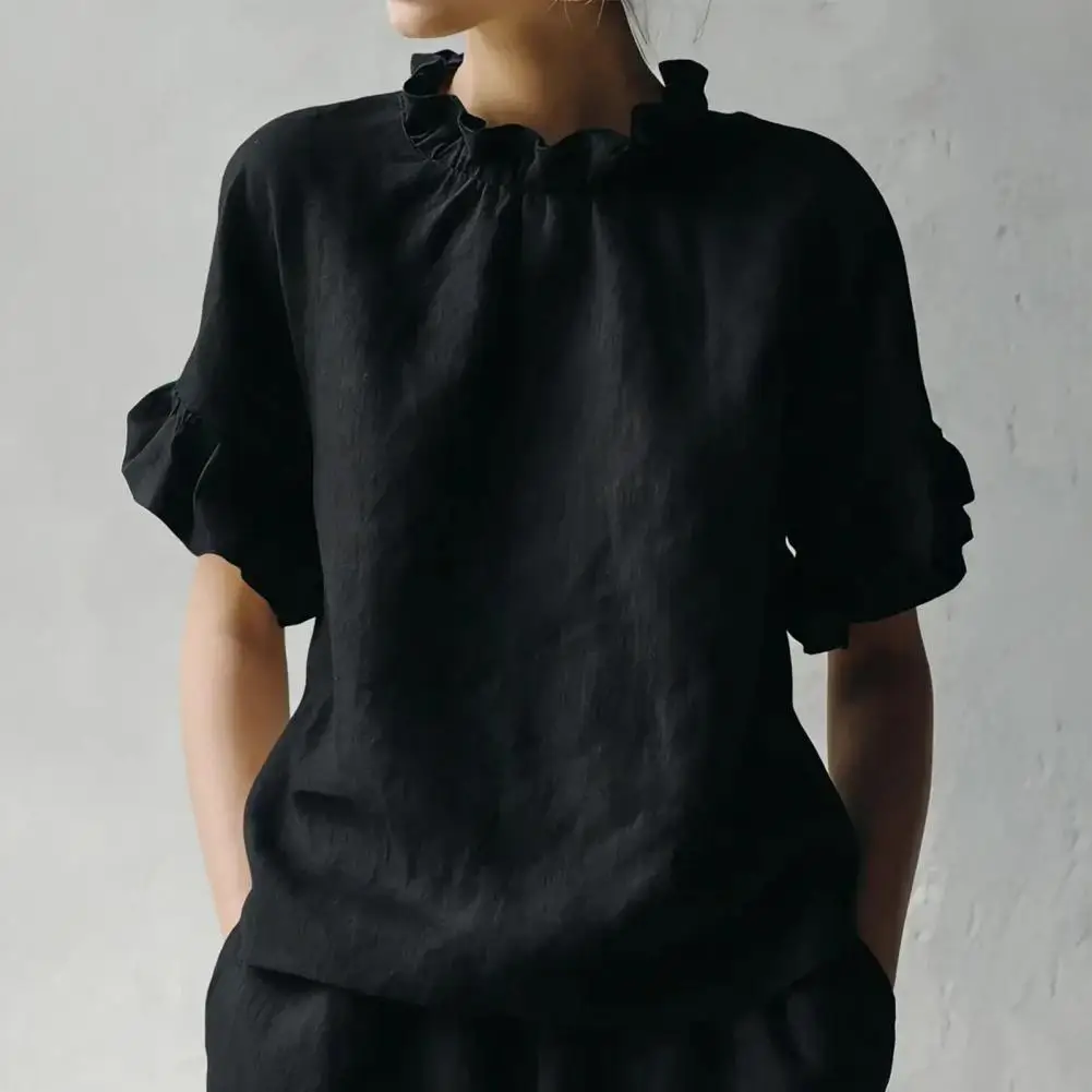 Women Tops Solid Color Loose Fit Summer Blouse O-Neck Short Sleeve Ruffle Splicing Design Pullover Tops Casual Women Summer Shir
Women Tops Solid Color Loose Fit Summer Blouse O-Neck Short Sleeve Ruffle Splicing Design Pullover Tops Casual Women Summer Shir