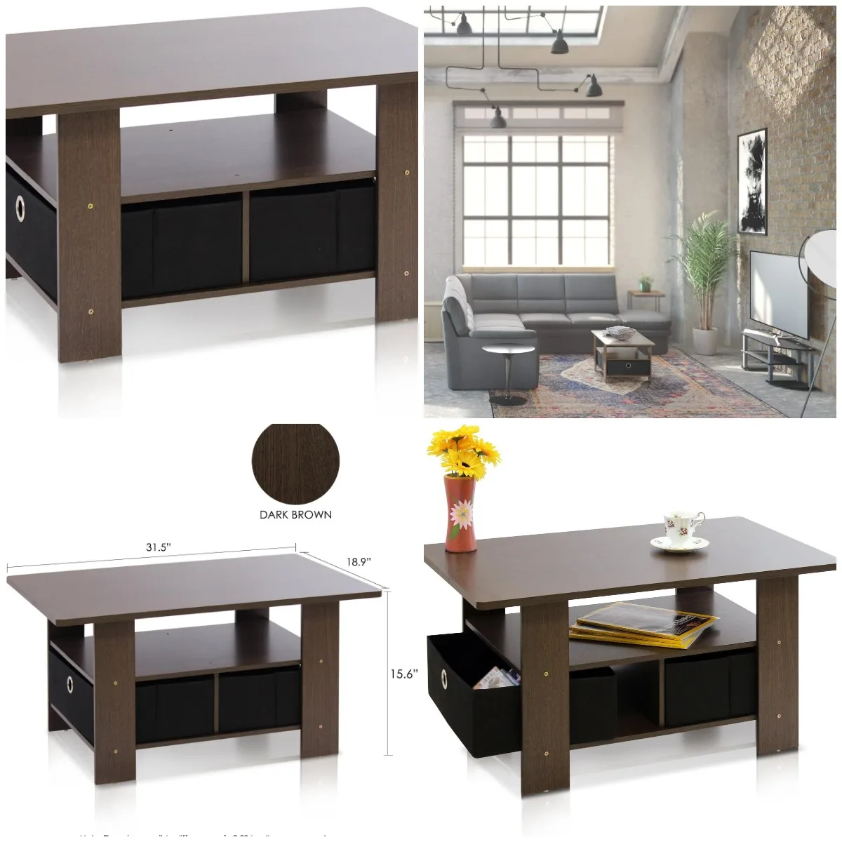 Coffee Table with Bins, Dark Brown/Black
Coffee Table with Bins, Dark Brown/Black