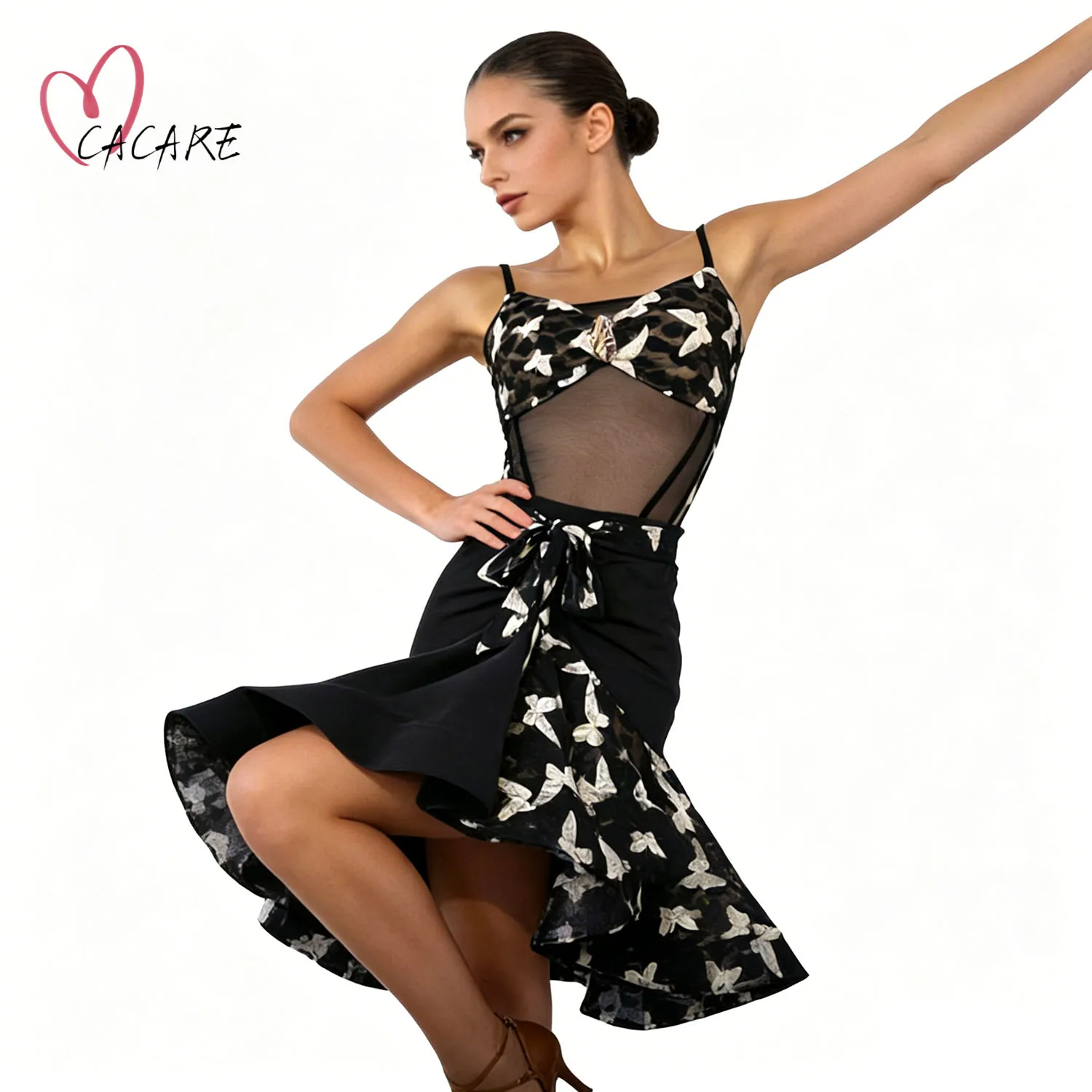 Women Latin Dance Outfit Set Butterfly Print Mesh Leotard Ruffle Skirt Professional Cha Cha Rumba Tango Practice Competition 571
Women Latin Dance Outfit Set Butterfly Print Mesh Leotard Ruffle Skirt Professional Cha Cha Rumba Tango Practice Competition 571