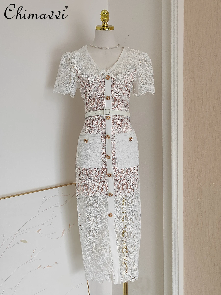 French Elegant Embroidery Hollow out V-neck Short Sleeve Beaded Button Single Breasted High Waist Belt Slim Fit Long Dress Women
French Elegant Embroidery Hollow out V-neck Short Sleeve Beaded Button Single Breasted High Waist Belt Slim Fit Long Dress Women