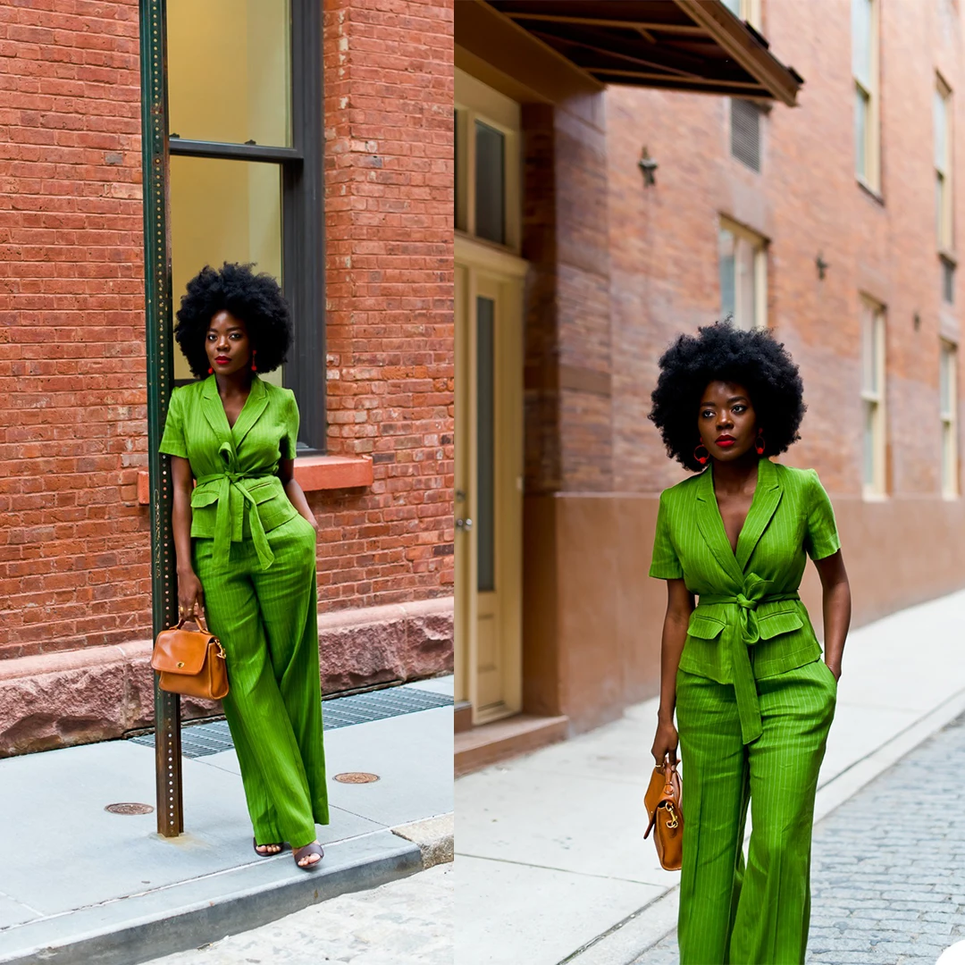 African Women Stripe Blazer Green Peaked Lapel Short Sleeve Jacket With Belt Flare Pants Streetwear Fashion 2 Piece Set
African Women Stripe Blazer Green Peaked Lapel Short Sleeve Jacket With Belt Flare Pants Streetwear Fashion 2 Piece Set