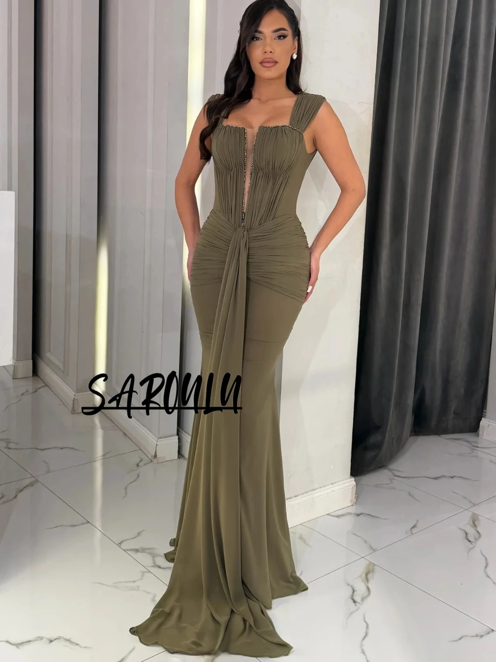Stretchy Olive Green Square Neck Ruched Mermaid Evening Dress Draped Sash Deep V Plunge Maxi Formal Prom Party Gown Customized
Stretchy Olive Green Square Neck Ruched Mermaid Evening Dress Draped Sash Deep V Plunge Maxi Formal Prom Party Gown Customized