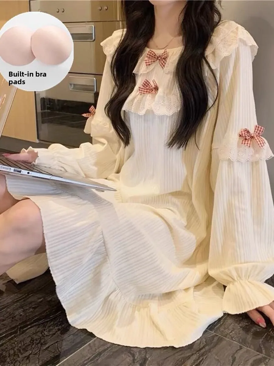 Cute Princess Style Long Sleeve Lace Knot Pure Cotton Sleep Dress with Chest Pad Spring Autumn Women's Dress
Cute Princess Style Long Sleeve Lace Knot Pure Cotton Sleep Dress with Chest Pad Spring Autumn Women's Dress