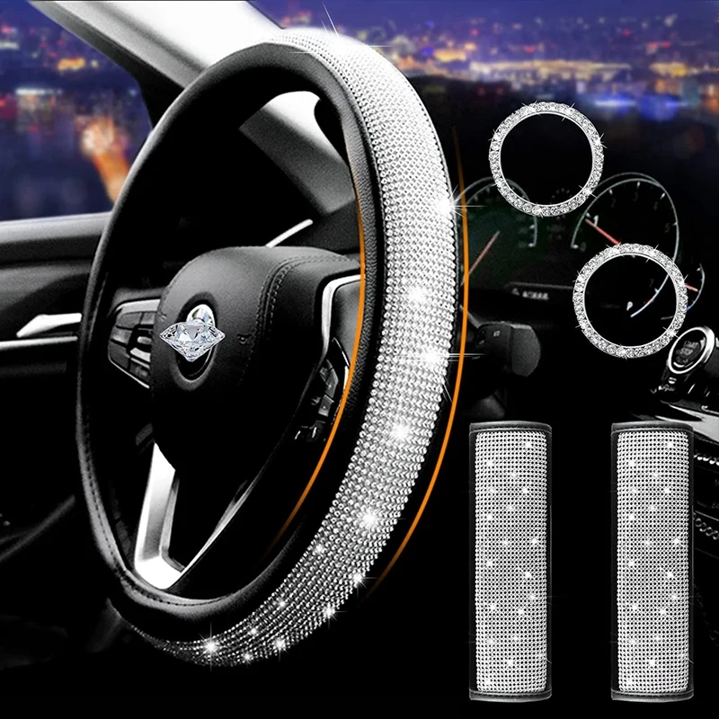 Universal Car Cystal Steering Wheel Cover Diamond Steering Wheel Set With Seat Belt Shoulder Pad Rhinestone Start Ring
Universal Car Cystal Steering Wheel Cover Diamond Steering Wheel Set With Seat Belt Shoulder Pad Rhinestone Start Ring
