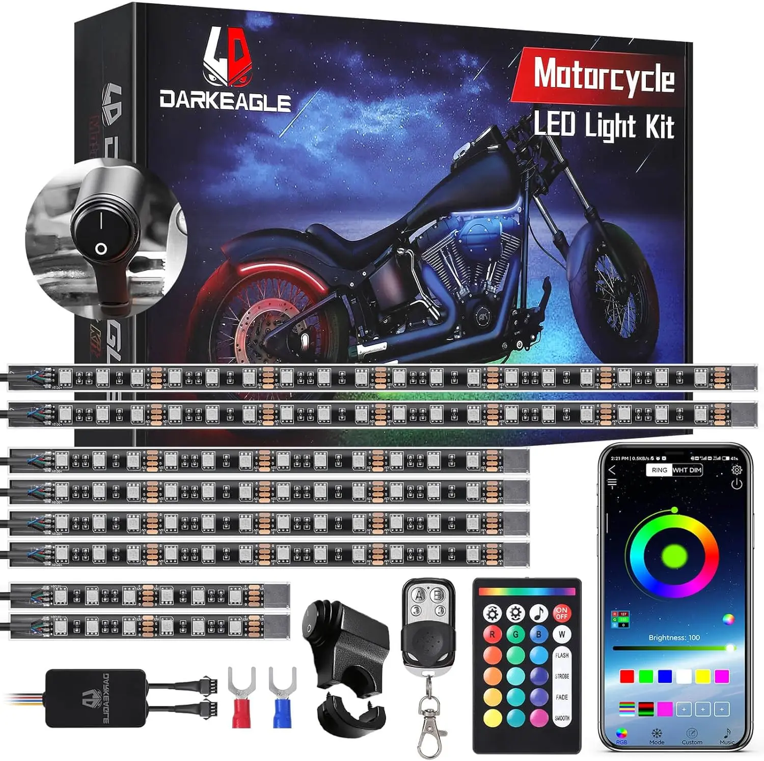8PCS Motorcycle LED Light Kit with Handlebar Switch Brake Turn Signal, Underglow Lights with APP/RF Remote, RGB Dual Zone Neon S
8PCS Motorcycle LED Light Kit with Handlebar Switch Brake Turn Signal, Underglow Lights with APP/RF Remote, RGB Dual Zone Neon S