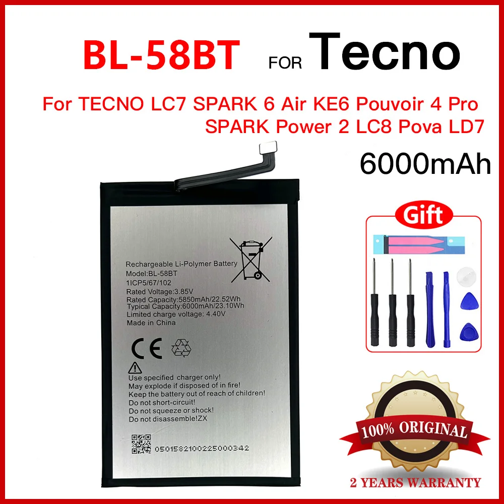 Genuine For BL-58BT New Large Capacity Mobile Phone Battery 1icp/5/67/102 6000MAh Battery Batteries+Tools
Genuine For BL-58BT New Large Capacity Mobile Phone Battery 1icp/5/67/102 6000MAh Battery Batteries+Tools