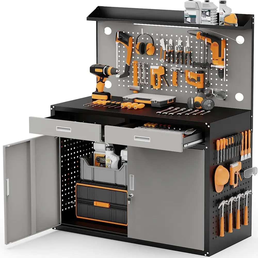 Sturdy 65 Garage Workbench with Storage Drawers, Pegboard, 2000lbs Capacity, Metal Bench with Lockable Cabinet, Adjustable LED L
Sturdy 65 Garage Workbench with Storage Drawers, Pegboard, 2000lbs Capacity, Metal Bench with Lockable Cabinet, Adjustable LED L