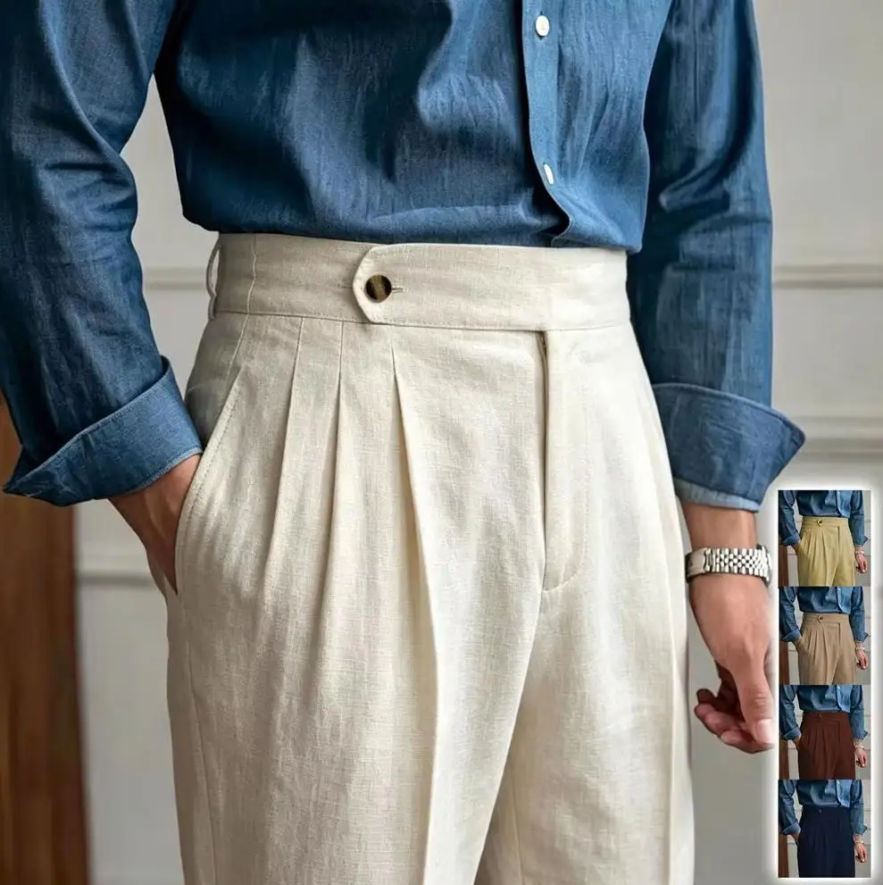 Classic Linen Men Suit Trousers Italian Naples Style Pleated Street Wear Summer Trendy High Waist Pants Male Business Office
Classic Linen Men Suit Trousers Italian Naples Style Pleated Street Wear Summer Trendy High Waist Pants Male Business Office