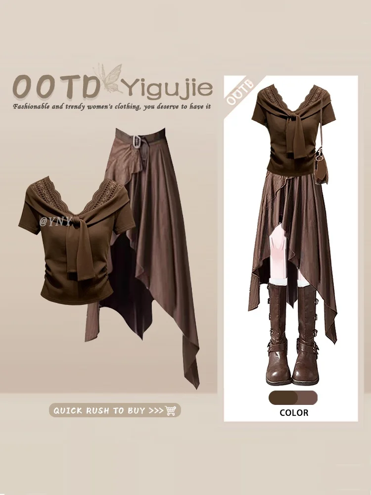 Brown Lace Tie-Band Short Sleeve Top And Midi Skirt Two-Piece Set Travel Wear Summer Casual Women's Fashion Ensemble
Brown Lace Tie-Band Short Sleeve Top And Midi Skirt Two-Piece Set Travel Wear Summer Casual Women's Fashion Ensemble
