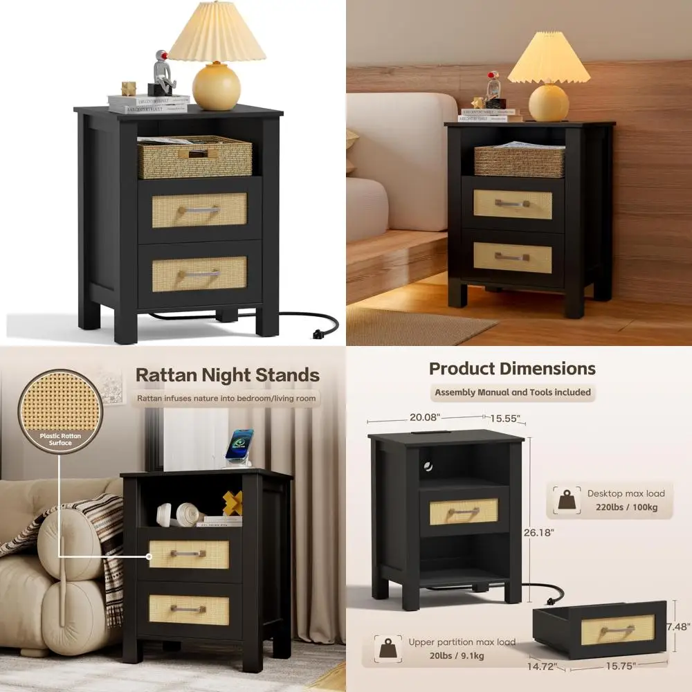 Charging Station End Table with Rattan Drawers, Farmhouse Style Nightstand, Wooden Storage Side Table for Living Room
Charging Station End Table with Rattan Drawers, Farmhouse Style Nightstand, Wooden Storage Side Table for Living Room
