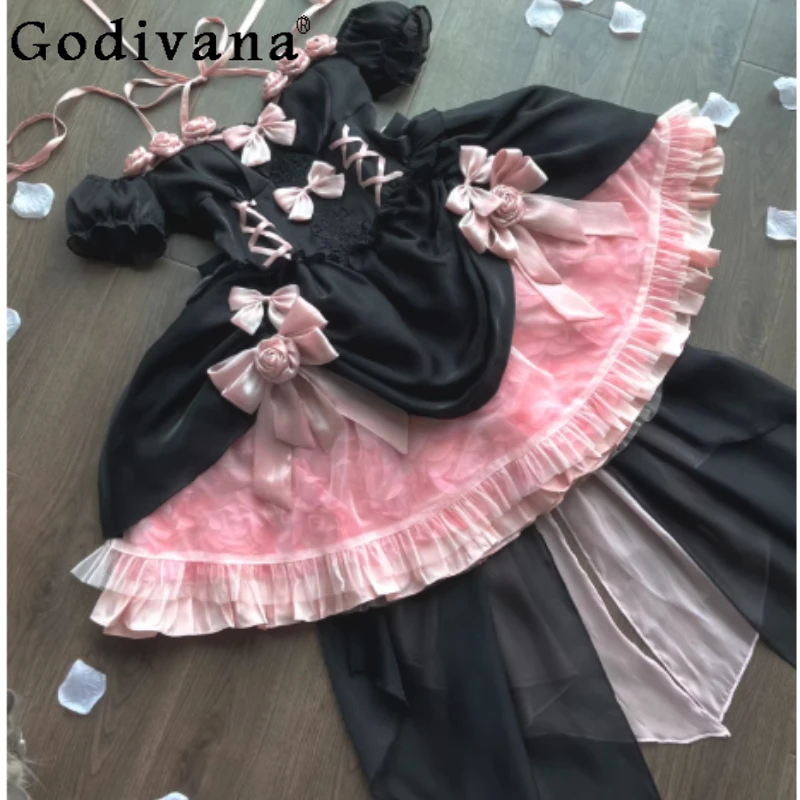 Elegant Black Pink Rose Lolita Sweet Girl Short Sleeve Fishbone Dresses Fashion High Waist Temperament Slash Neck Princess Dress
Elegant Black Pink Rose Lolita Sweet Girl Short Sleeve Fishbone Dresses Fashion High Waist Temperament Slash Neck Princess Dress