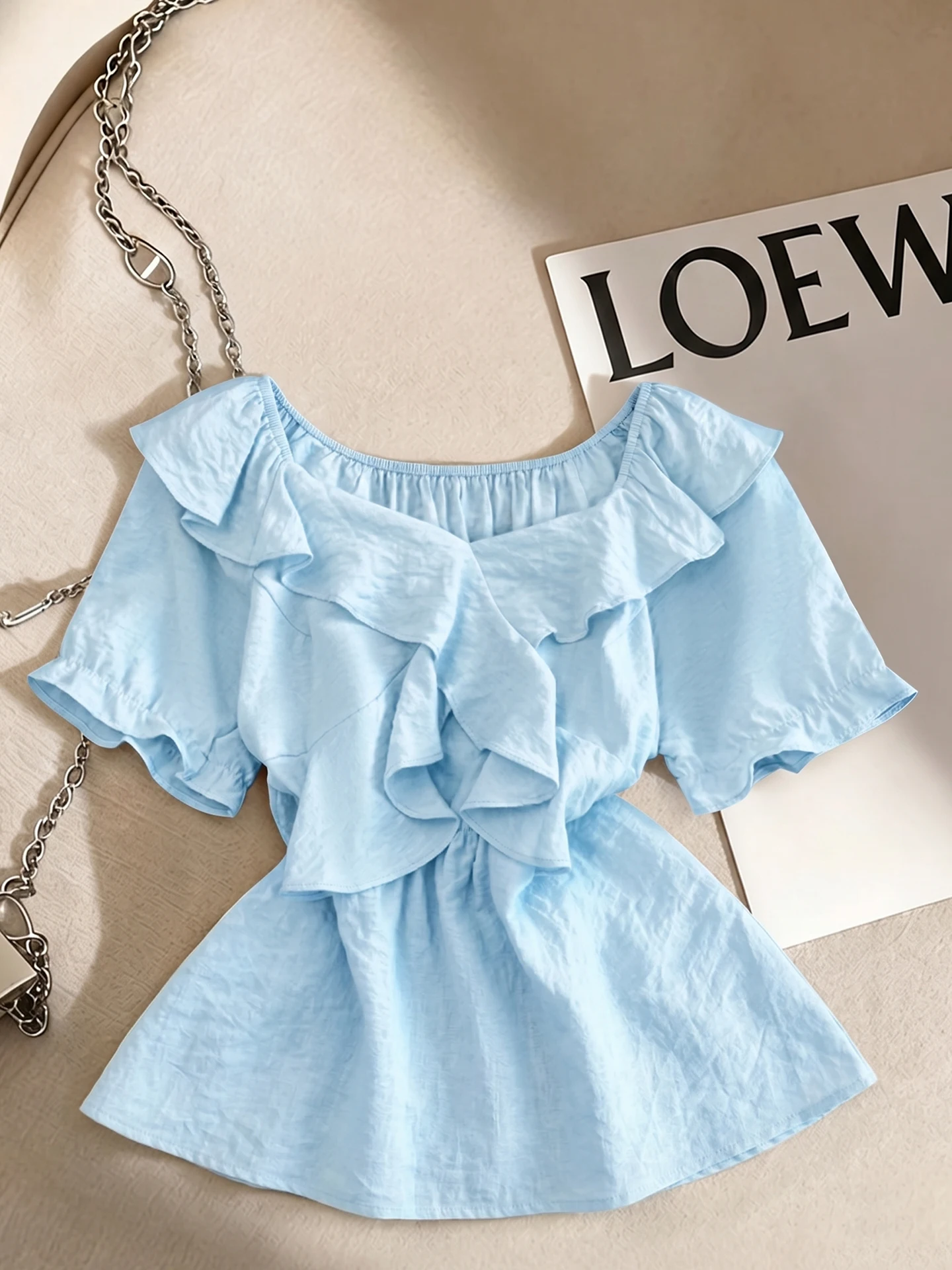 Blue Fashionable Short Sleeve Shirt with Lace Hem Elegant Style Summer New Arrival Slimming Top for Younger Looking
Blue Fashionable Short Sleeve Shirt with Lace Hem Elegant Style Summer New Arrival Slimming Top for Younger Looking