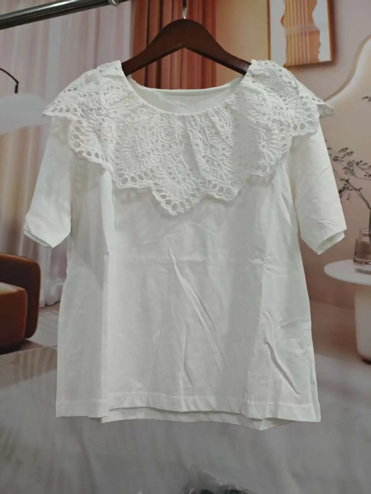Sweet Style Embroidered Lace Cotton Short Sleeve T-Shirt Women's Spring Summer Fashion Standard Fit round Neck Top
Sweet Style Embroidered Lace Cotton Short Sleeve T-Shirt Women's Spring Summer Fashion Standard Fit round Neck Top