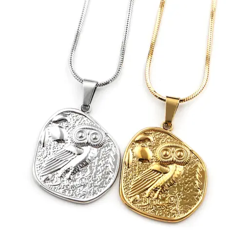 Athena Wisdom Owl Olive Branch Irregular Coin Pendant Necklace Gold Color Stainless Steel Ancient Greek Animal Chain Jewelry