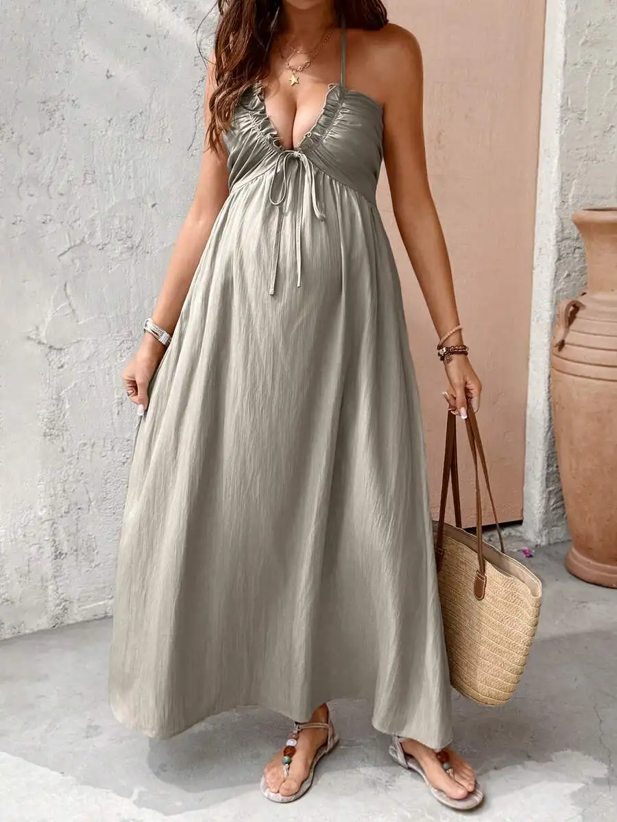 Maternity Solid Color Halter Tie Neck Maxi Dress Boho Vacation Beach Dress
Maternity Solid Color Halter Tie Neck Maxi Dress Boho Vacation Beach Dress