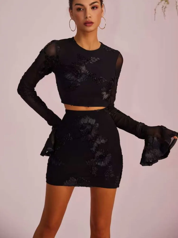 Woman 2 Piece Set Outfit Solid Color Long Sleeves Tops Package Hip Skirts Bodycon see Through Lace Two Piece Outfits Temperament
Woman 2 Piece Set Outfit Solid Color Long Sleeves Tops Package Hip Skirts Bodycon see Through Lace Two Piece Outfits Temperament