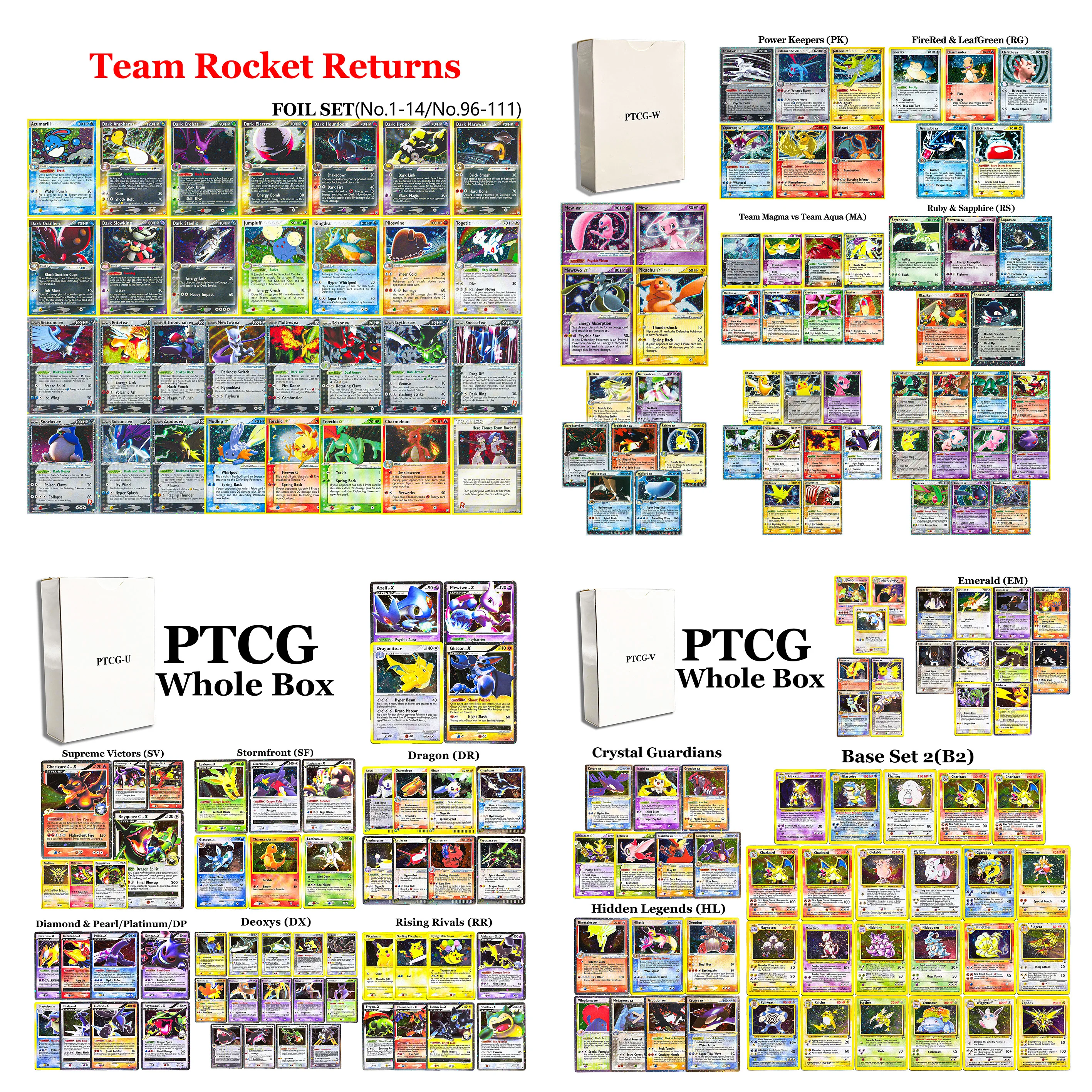 New Holographic PKM T/U/V/W Whole Box Collection Card Base Set2/Team Rocket Returns/Holon Phantoms PTCG EX Proxy Card Whole Set
New Holographic PKM T/U/V/W Whole Box Collection Card Base Set2/Team Rocket Returns/Holon Phantoms PTCG EX Proxy Card Whole Set