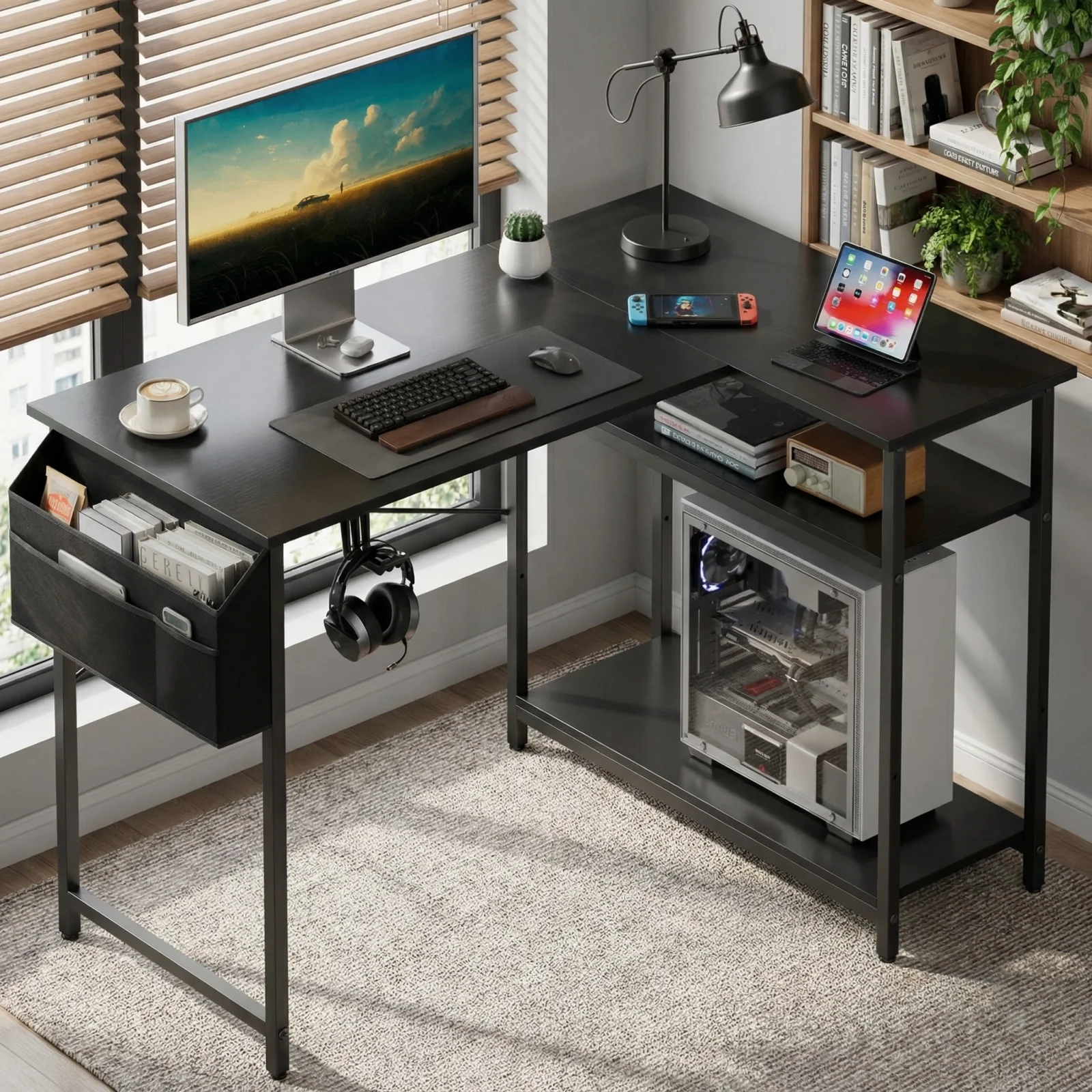 110cm Corner Office Desk, L-Shaped Gaming Desk with Storage Shelves, Computer Desk L Shape with Headphone Holder & Storage Bag
110cm Corner Office Desk, L-Shaped Gaming Desk with Storage Shelves, Computer Desk L Shape with Headphone Holder & Storage Bag