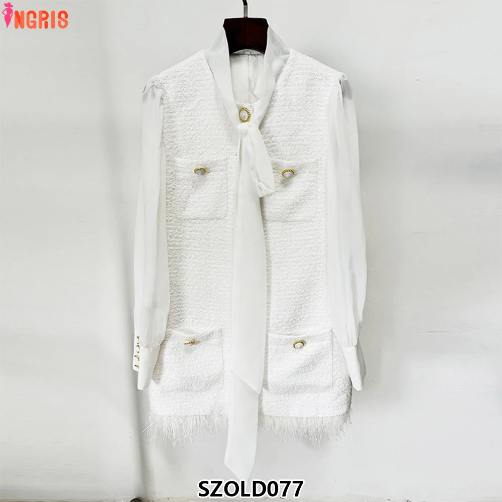 Women's autumn and winter new fashion elegant white short skirt feather hem chiffon splicing tweed dress-SZOLD077
Women's autumn and winter new fashion elegant white short skirt feather hem chiffon splicing tweed dress-SZOLD077