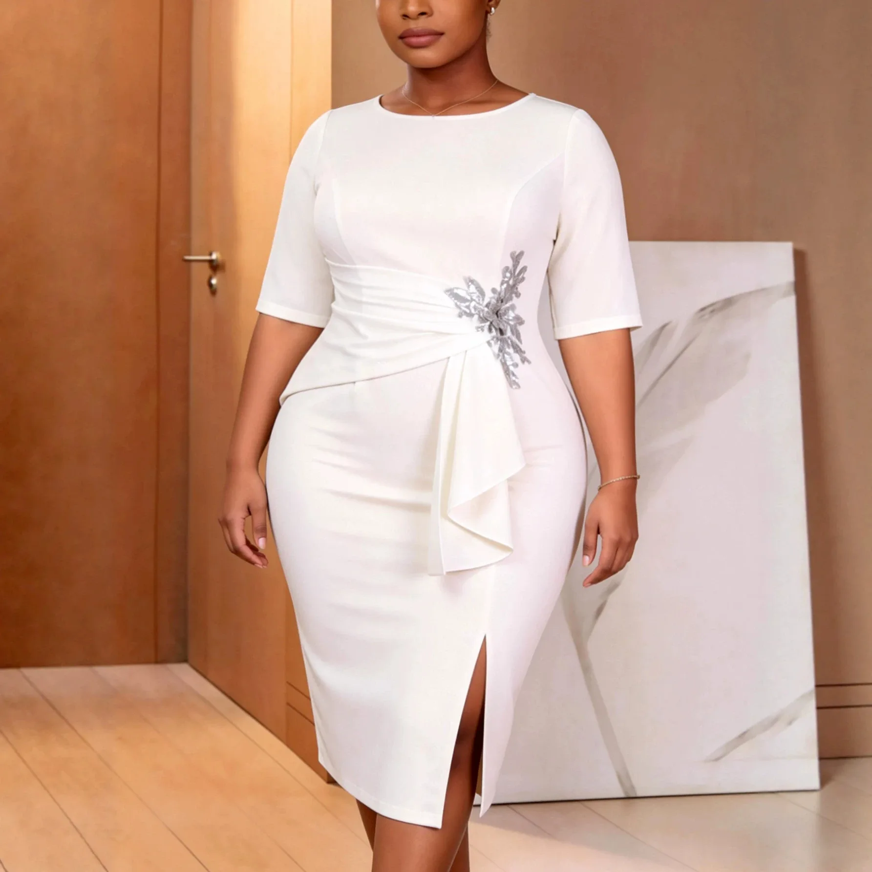 African Dresses for Woman O Neck Half Sleeve Waist Rhinestone Draped Chic Side Slit Office Evening Events Formal Occasions
African Dresses for Woman O Neck Half Sleeve Waist Rhinestone Draped Chic Side Slit Office Evening Events Formal Occasions